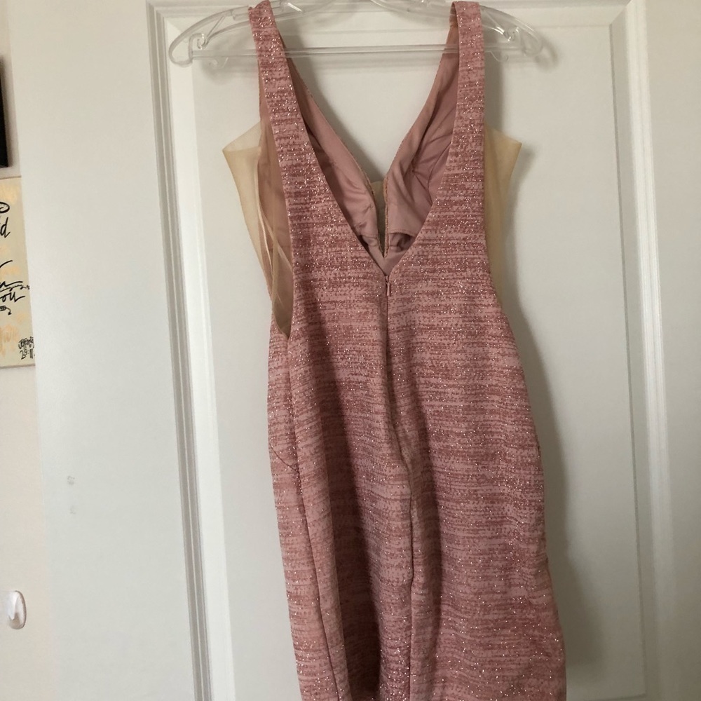 Jovani Pink Shimmer homecoming dress with deep V neckline and mesh side … - Picture 3 of 4
